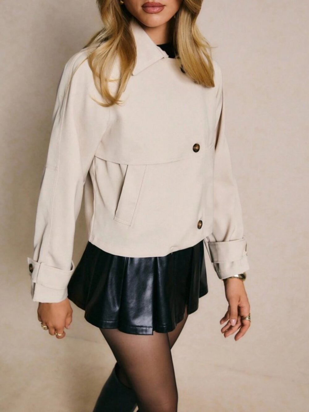 Cream Cropped Trench Jacket with Turn-Back Cuffs